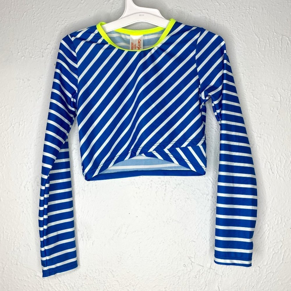 Cat & Jack blue/neon green striped, cropped, long sleeve rash guard girl S 6/6X